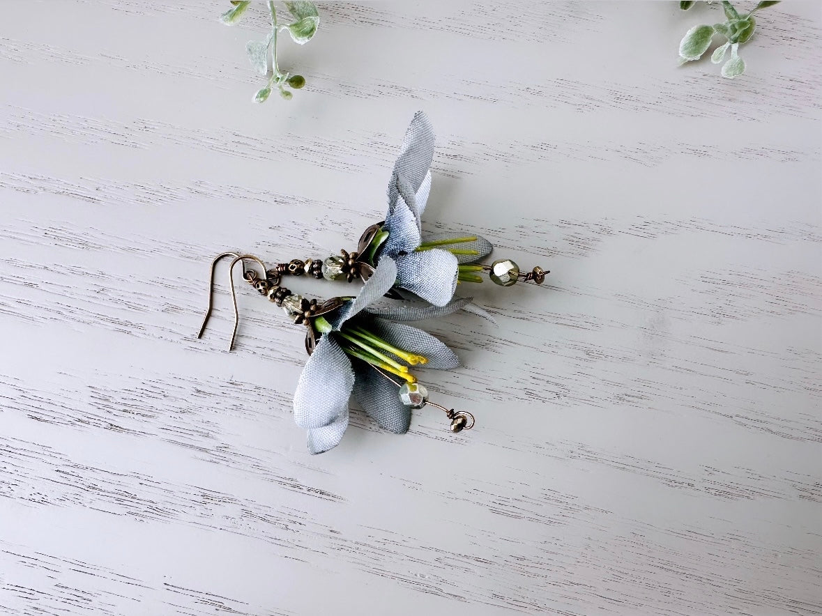 Slate Grey Flower Earrings with Sage Green and Pyrite Crystals, Handmade Whimsical Fabric Flower Lightweight Garden Faerie Earrings