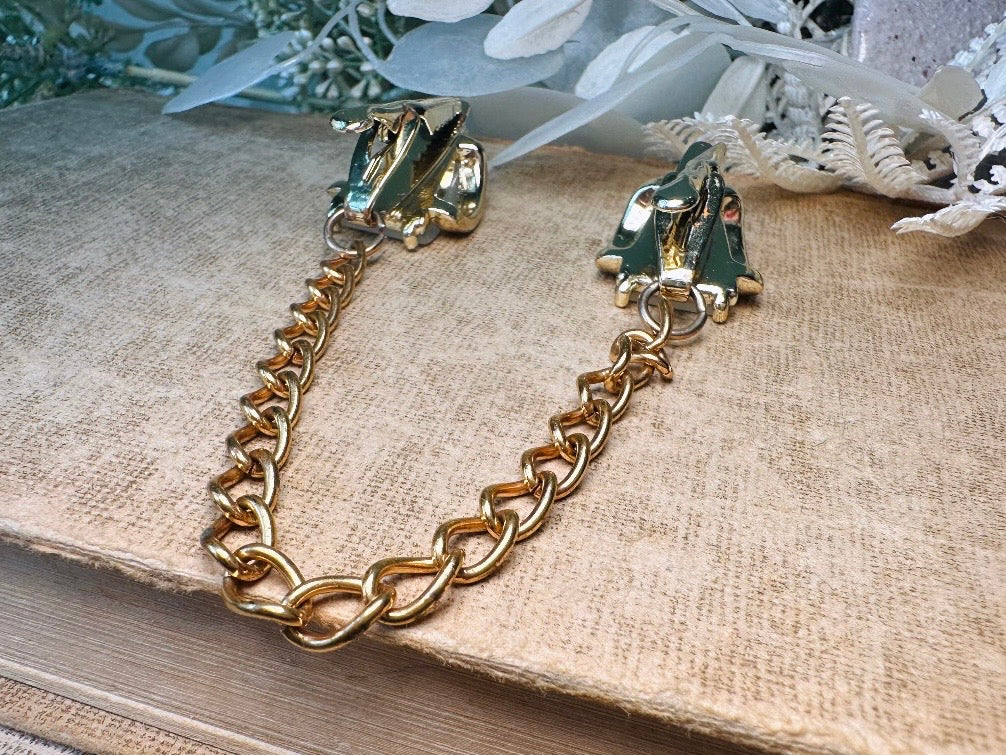 1950s Vintage Sweater Clips, Gold Chain Collar Clips with Moonglow Thermoset Cabochons