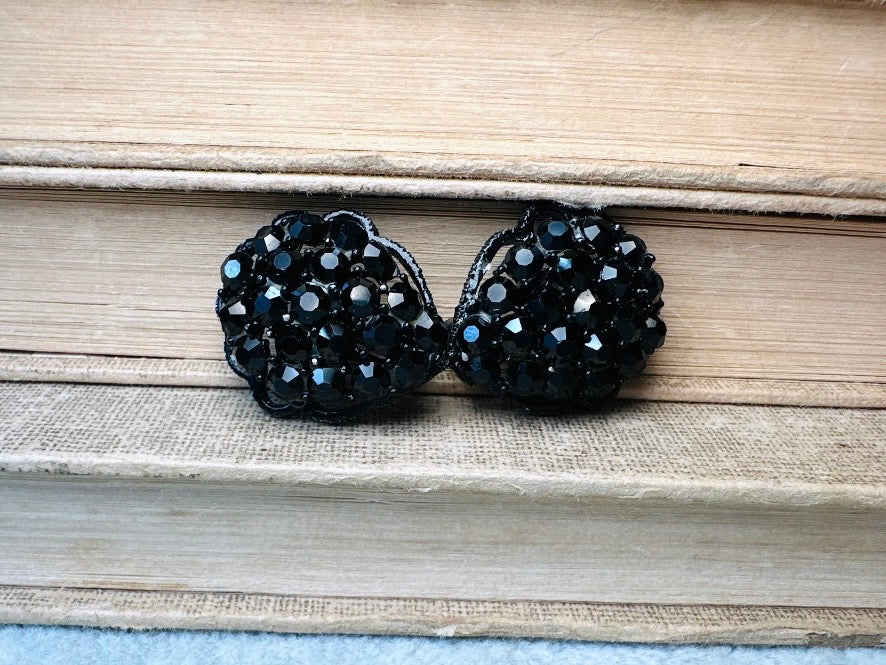 All Black 1960's Sparkling Earrings, 60s Signed Designer Weiss Vintage Teardrop Clip On Black Rhinestone on Black Enamel Earrings