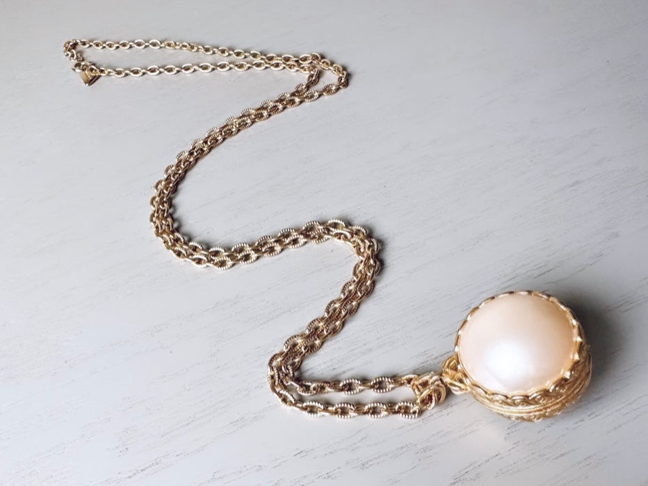Pearl Locket Necklace, LCI Gold Locket Ball Rare Pearl Sphere Pendant Necklace, Long Chain Vintage Liz Claiborne Faux Pearl Locket Pendant