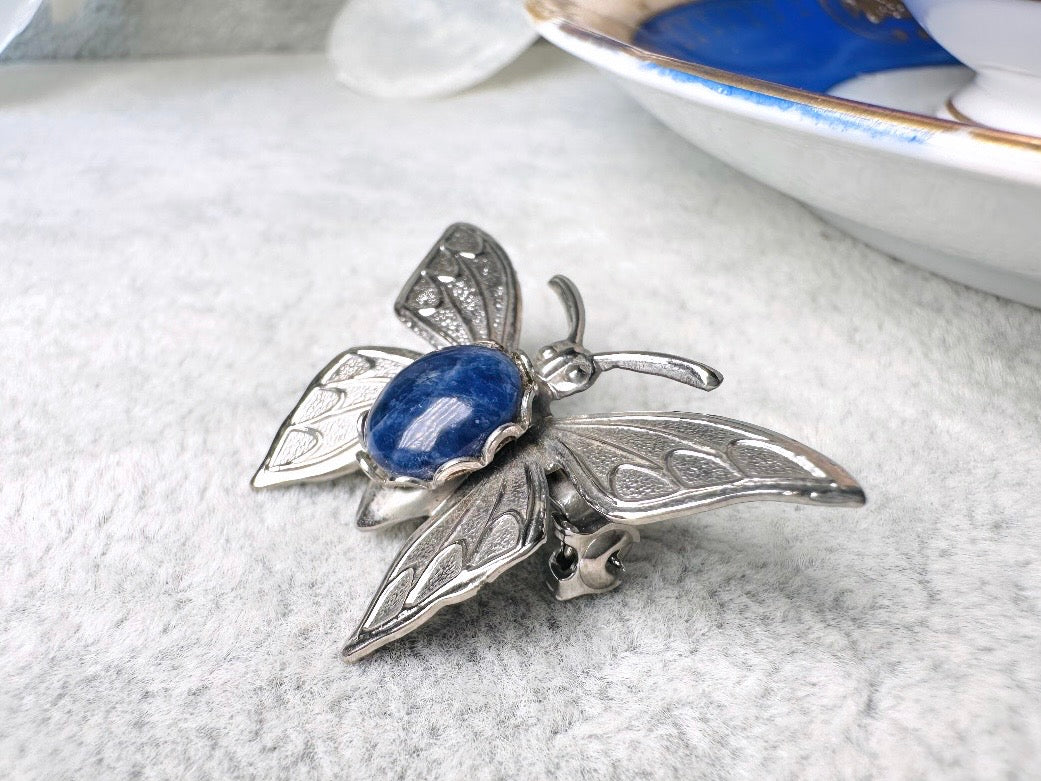 Butterfly Brooch Pin, Vintage Silver Butterfly Pin with Blue Stone Center, Vintage Brooch, Whimsical Bridal Brooch, Antique Silver Pin