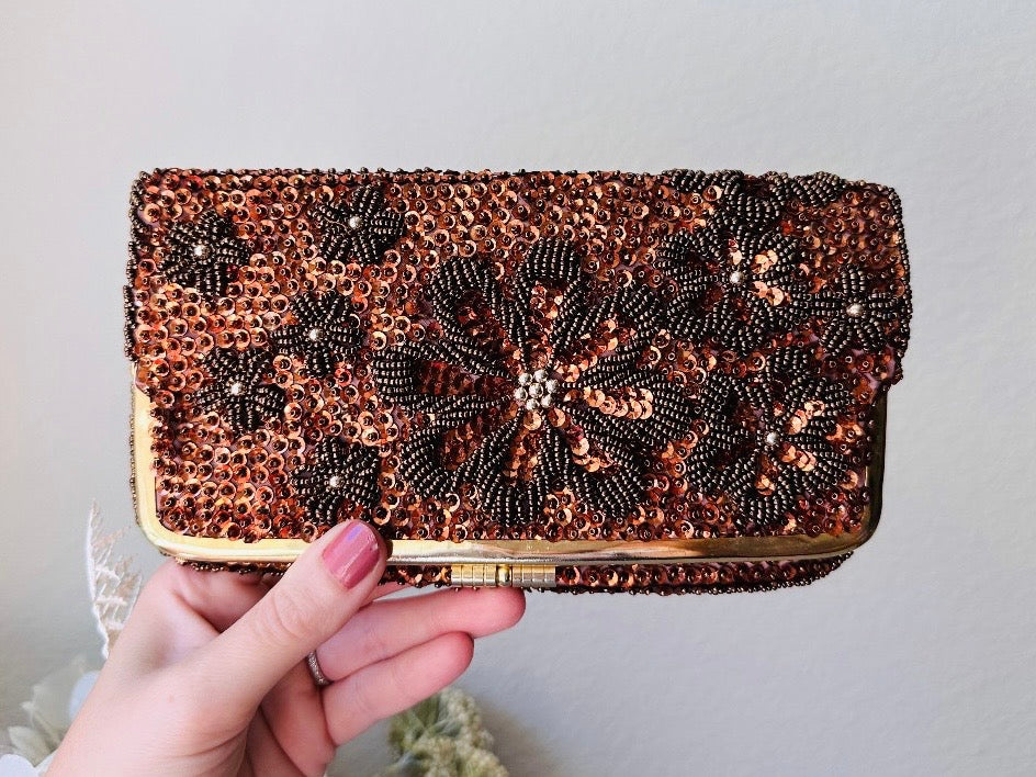 Brown Sequin Clutch, 1950s Gorgeous Fully Beaded Floral Evening Bag, Vintage Clutch in Bronze and Coffee Brown with Beaded Flowers, Fold Over Gold
