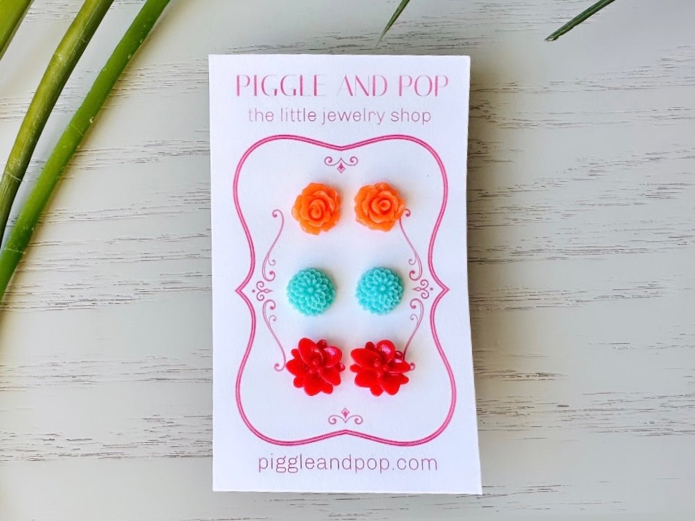 Flower Earring Stud Set, Flower Stud Earrings, Orange Rose Earrings, Aqua Dahlia Studs, Red Lotus Earrings, Hypoallergenic Surgical Steel FSE3