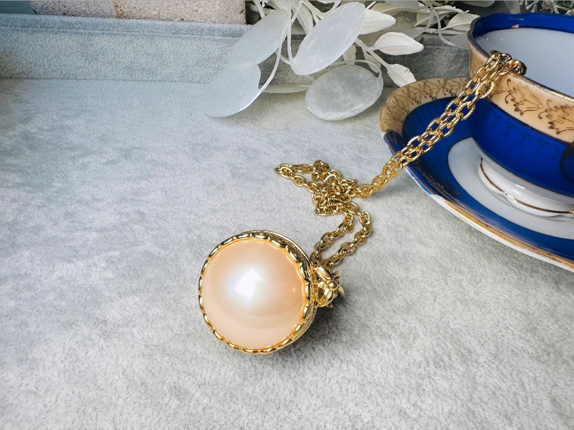 Pearl Locket Necklace, LCI Gold Locket Pearl Sphere Pendant Necklace, Long Gold Chain Vintage Liz Claiborne Pearl Locket Pendant