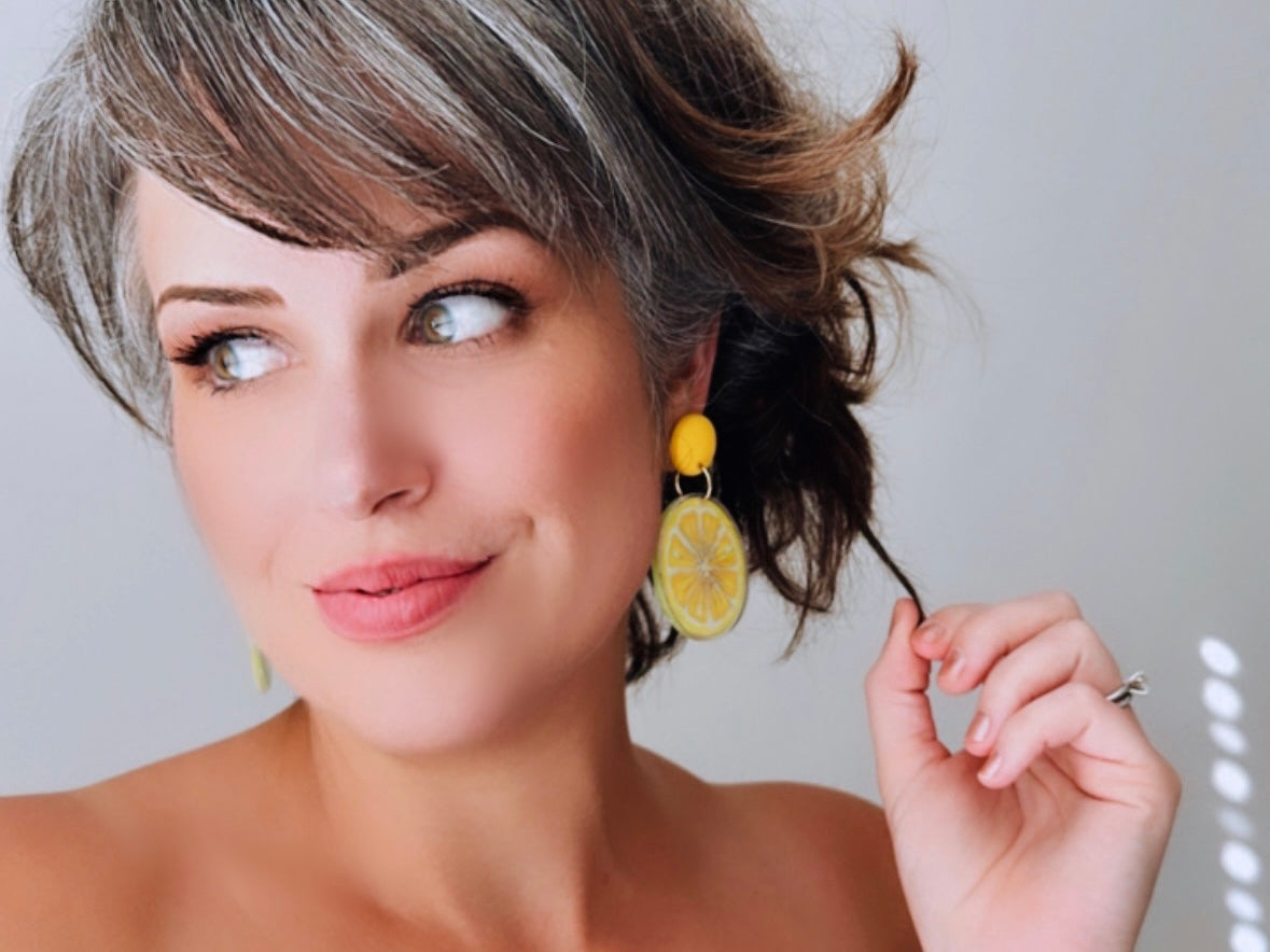 Bright Yellow Lemon Earrings, 1993 Tooty Fruity Summer Fruit Earrings, Vintage Acrylic Earrings, Big 90s Does 60s Retro Lemon Slice Earring