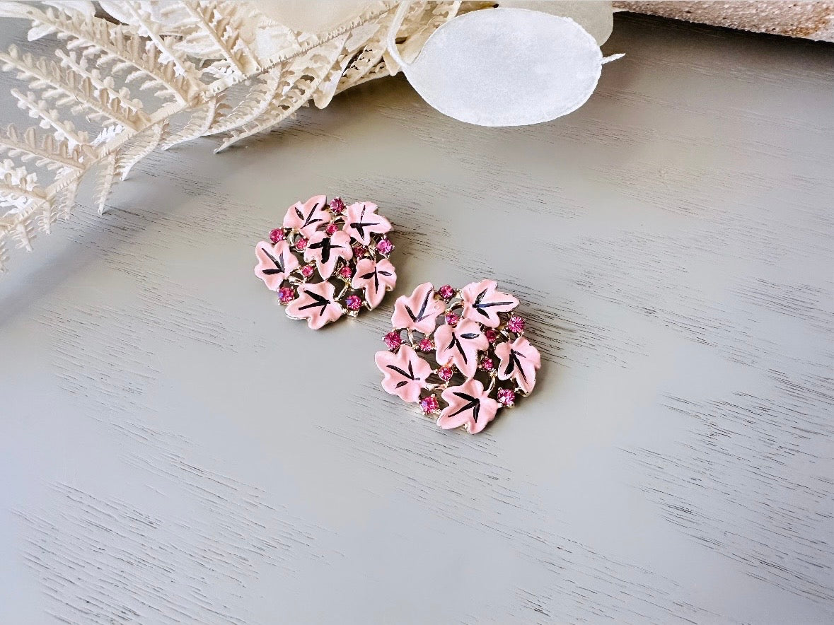 Pink Leaf Earrings, Vintage Enamel Maple Leaf Earrings, Rhinestone & Enamel 1950's Cluster Earrings, Pretty Pink VTG Clip On Earring by Piggle and Pop