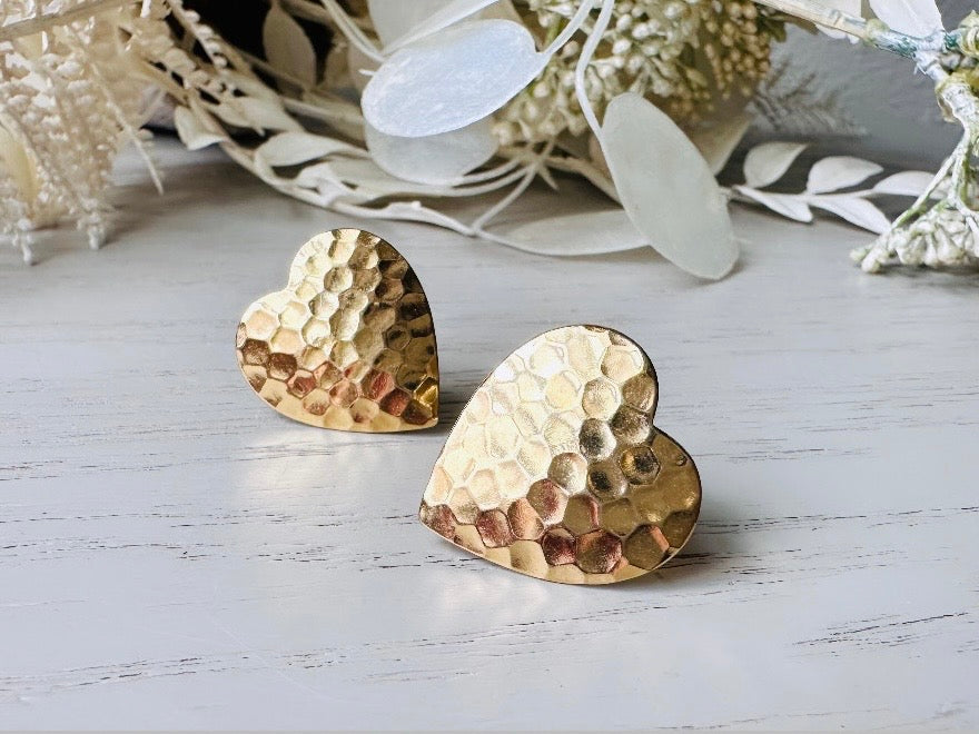 Gold Heart Earrings, Textured Hammered Gold Heart Shaped Clip on Earrings
