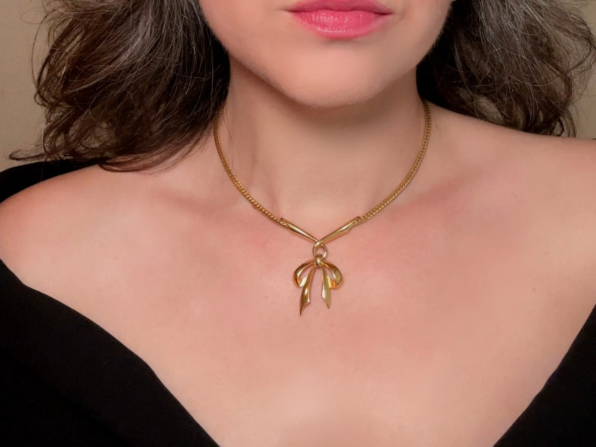 Gold Bow Necklace, Monet Vintage Gold Ribbon Pendant Necklace, Minimalist Wheat Chain Elegant Gold Knot Necklace