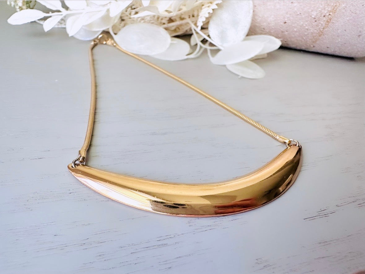 Gold Vintage Napier Choker Necklace, Sleek Gold Collar Necklace, 80's Bold Gold Geometric Crescent Bar Necklace, Signed Designer Vintage