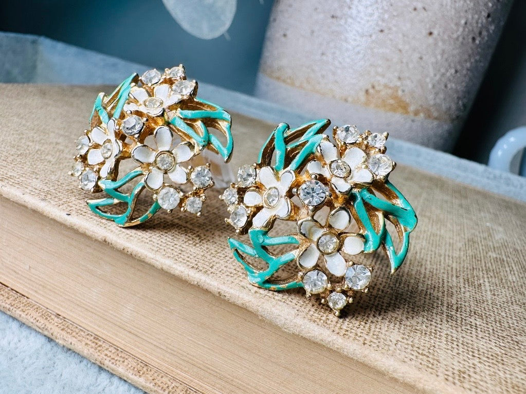 Vintage Enamel Flower Earrings, 1940s Charel Gold Floral Earrings w Green & Cream Painted Flower Clusters, Clip On Designer Signed Earrings