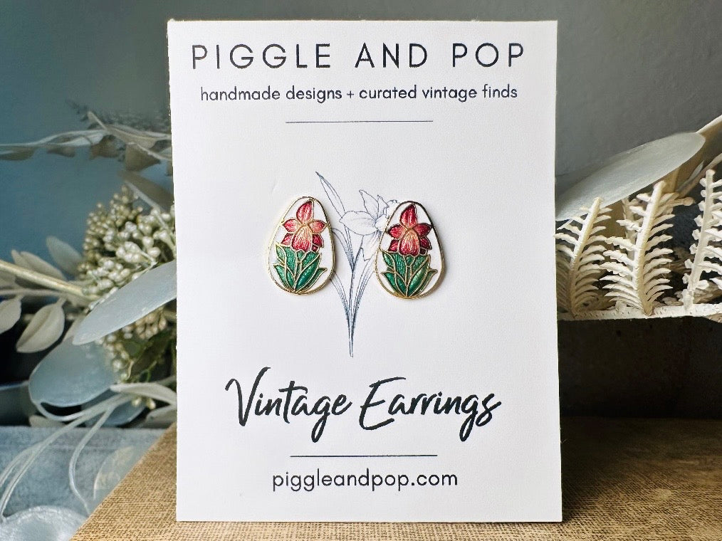 Vintage Flower Earrings, Gorgeous White Enamel Teardrops with Pink Green and Gold Cloisonné