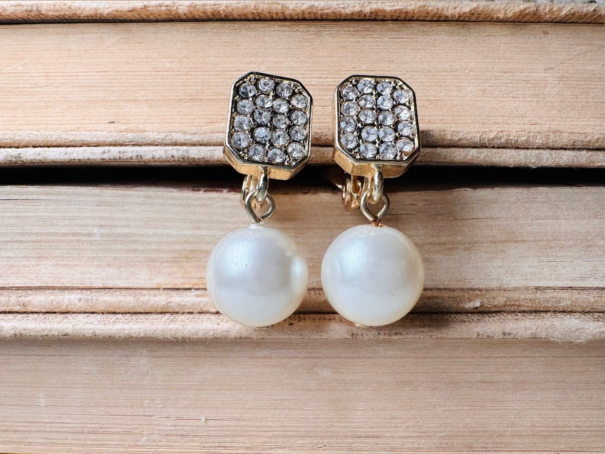 Vintage Pearl Drop Earrings, Pave Rhinestone Cream Pearl Clip On Earrings, Beautiful Classic Vintage Bridal Pearl Earrings for Wedding