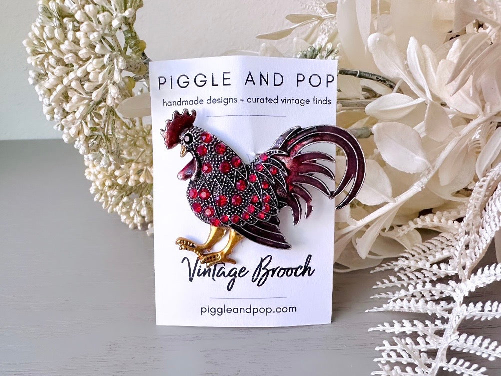 Vintage Rooster Brooch with Rhinestones, Festive Silver Rooster Figural Pin with Enamel Accents, Adorable Kitschy Vintage Pin