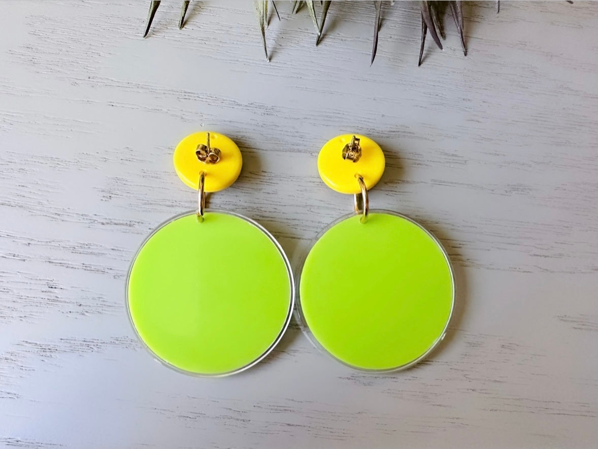 Bright Yellow Lemon Earrings, 1993 Tooty Fruity Summer Fruit Earrings, Vintage Acrylic Earrings, Big 90s Does 60s Retro Lemon Slice Earring