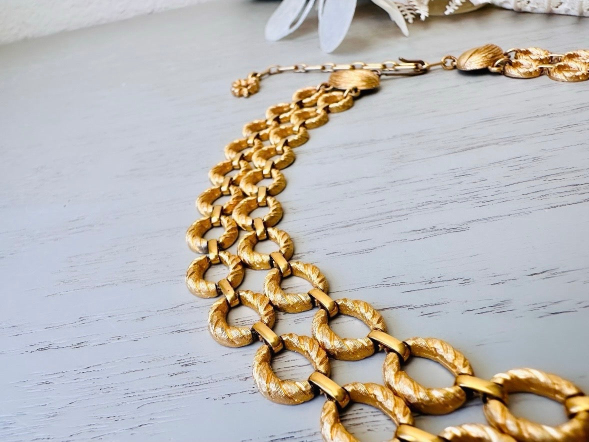Gold Vintage Double Chain Necklace, Textured Matte Gold Layered Loops, Bold 80s Mogul Style, Leaf and Shamrock Details Authentic Vintage
