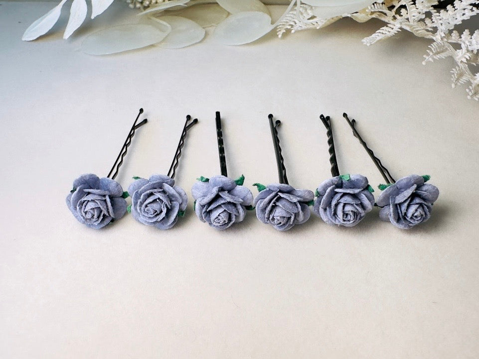 Dark Grey Rose Hair Pin Set, 6 Handmade Paper Flower Bobby Pins in Beautiful Deep Gray, Timeless Bridal Hair Accessories for Floral Wedding MPR6
