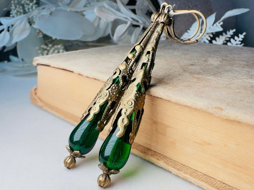Green Teardrop Earrings, Handmade Renaissance Jewelry with Victorian Filigree, Romantic Gothic Long Beaded Crystal Dangle Earrings