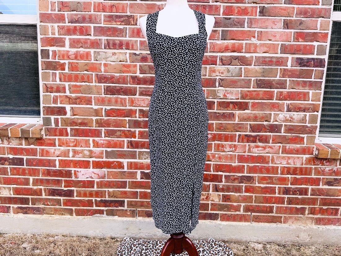 Vintage 1990s Dress, Black + White Polkadot 90s Sundress Effortlessly Cool Rabbit Jr Maxi Dress with Slit, Sweetheart Neckline, Cross Back