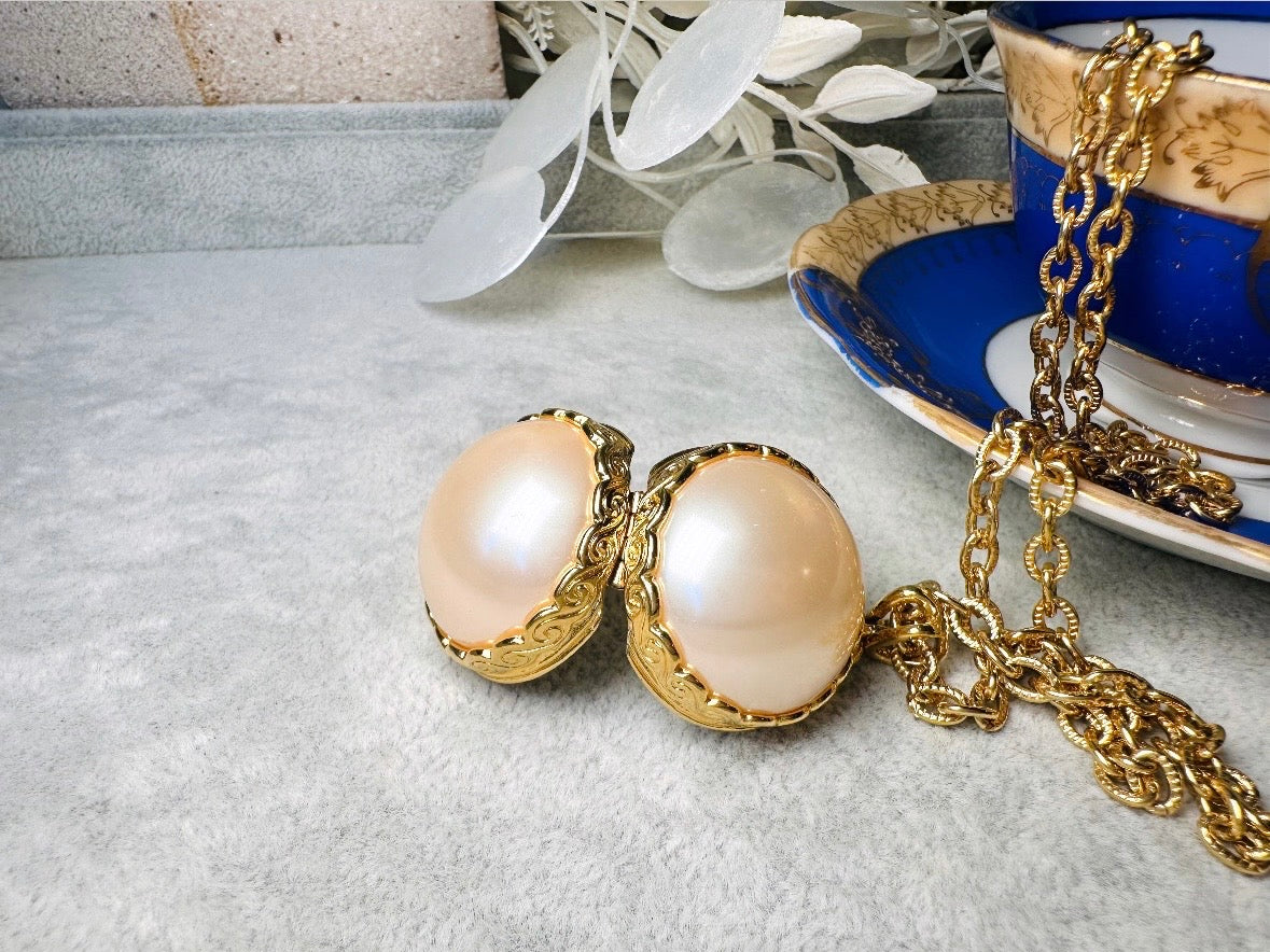 Pearl Locket Necklace, LCI Gold Locket Pearl Sphere Pendant Necklace, Long Gold Chain Vintage Liz Claiborne Pearl Locket Pendant