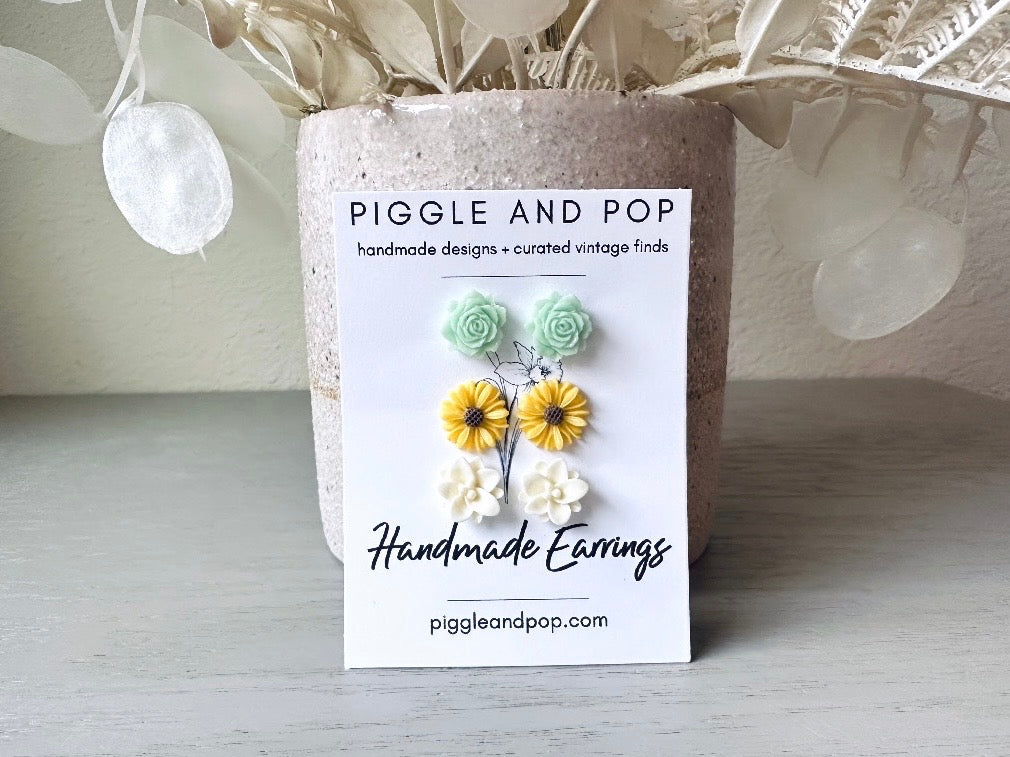 Spring Flower Earrings Gift Set, Yellow Gerber Daisy, Cream Lotus, Mint Rose, Cute Country Floral Hypoallergenic Surgical Steel Stud Earring