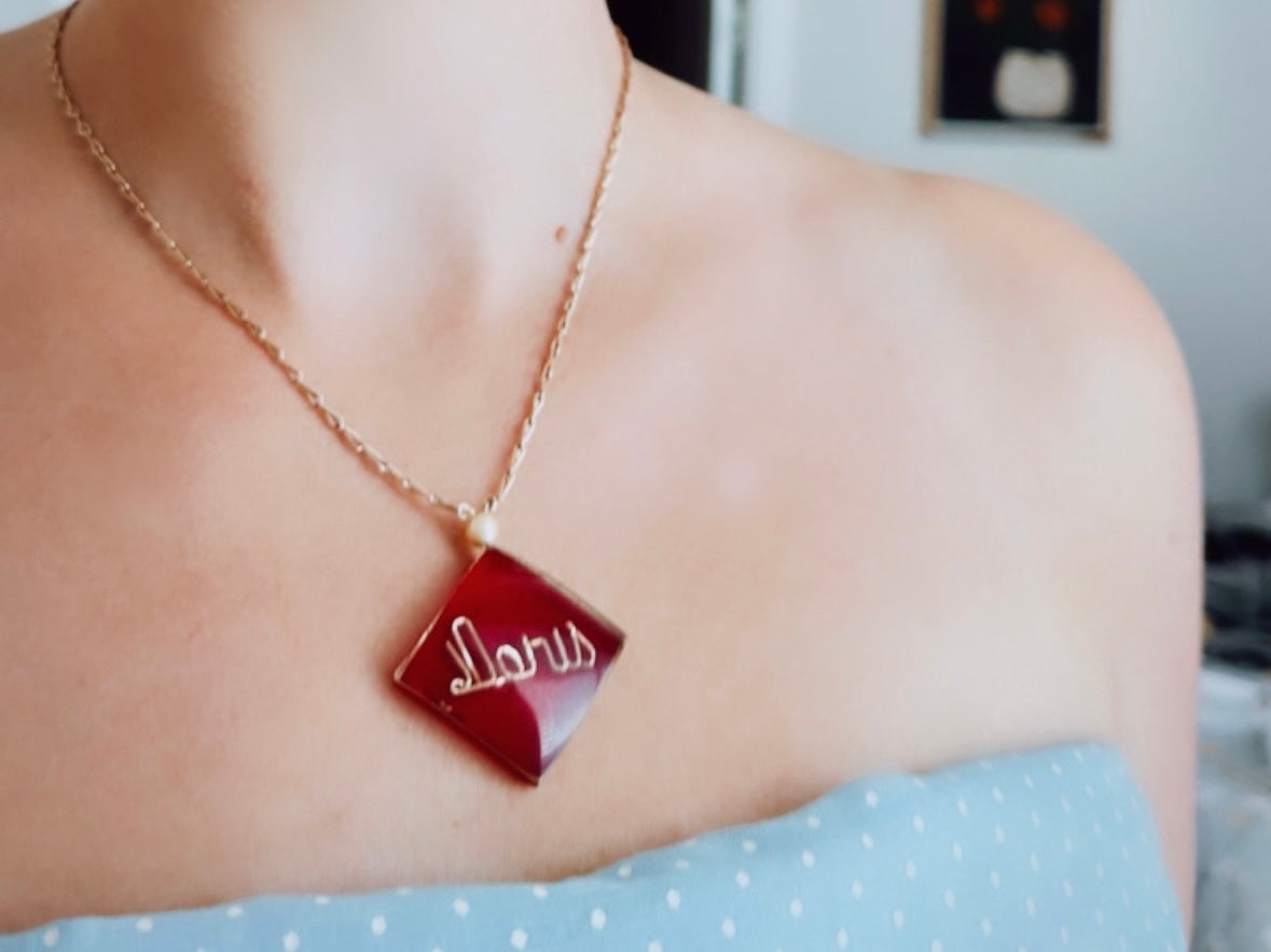 Doris Vintage Necklace, Clear + Red Lucite Diamond Shape Pendant Necklace, Personalized Doris Name Wire Work Faux Pearl, Gold Tone Chain