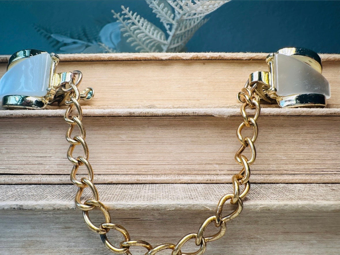 1950s Vintage Sweater Clips, Gold Chain Collar Clips with Moonglow Thermoset Cabochons