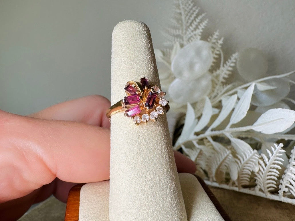 Vintage Cocktail Ring, Prong Set Plum Purple Baguette Stones in Wave with Clear Diamond Rhinestones, Gorgeous Gold Plated Cocktail Ring Sz 6