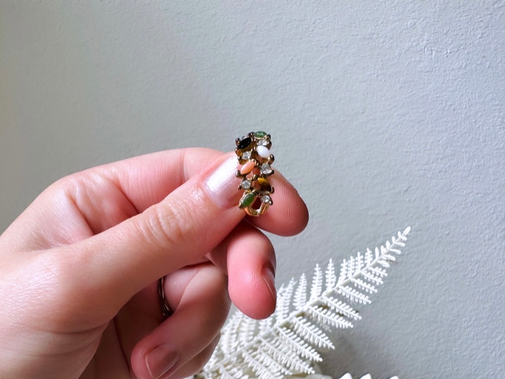 Multistone Vintage Statement Ring, Size 4.75 Fitted Ring, Tiny Marquise Cut Tiger's Eye, Jade, Carnelian, Opal and Diamond Rhinestone Ring