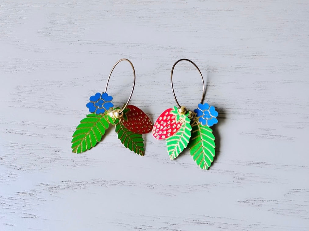 Berebi Strawberry Earrings, Cute Enamel Strawberry Earrings, Fun Fruit Earrings, Pierced Enamel Hoop Earrings, Colorful Retro Designer Hoops