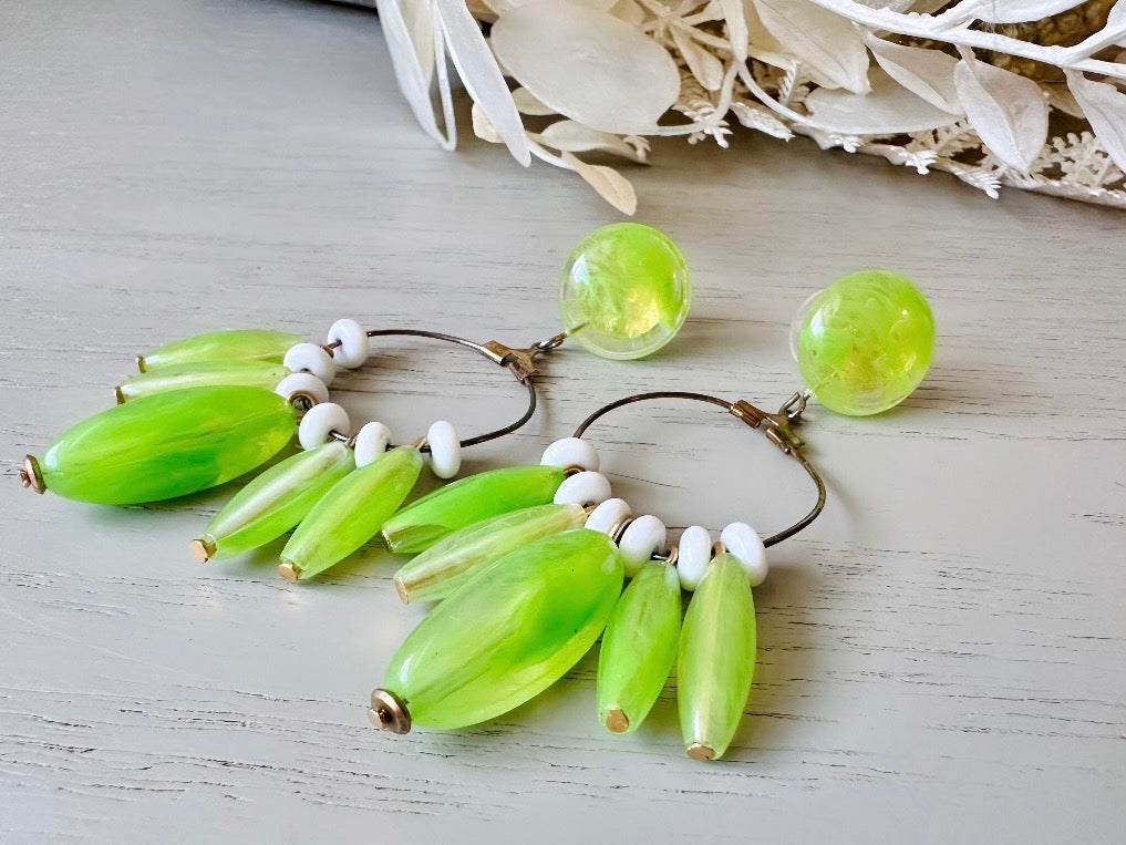 Neon Green Earrings, Stunning 1960s Earrings in Ecto Cooler Green + White Lucite, Swinging 60s Mod Pop Beaded Fringe Pierced Vintage Earring