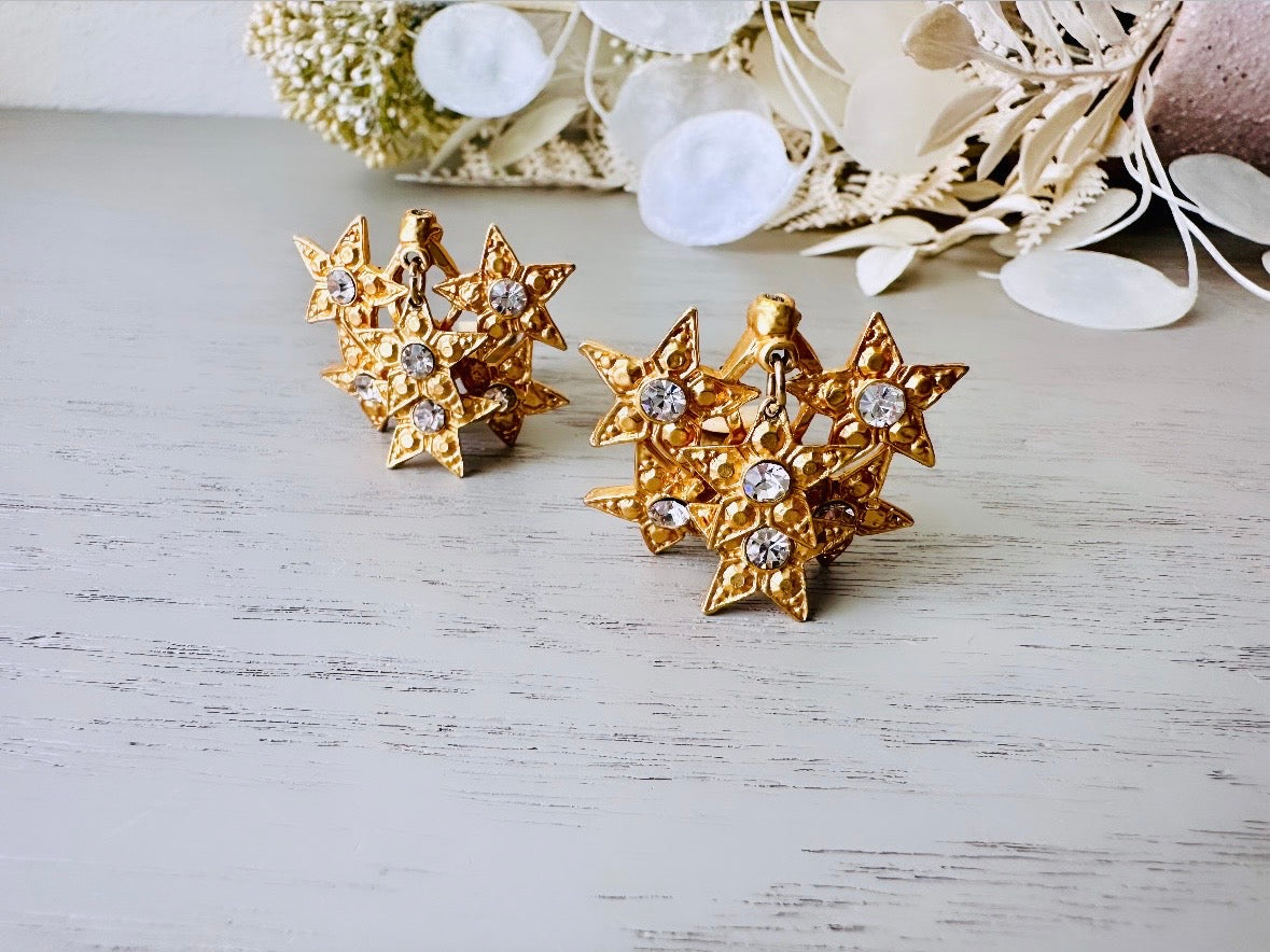 Vintage Star Earrings, 1980s Gold and Rhinestone Star Clip-On Statement Earrings, 1980s Jem & the Holograms Oversized Vintage Star Earring