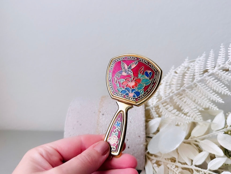 Vintage Cloissone Folding Flip Mirror, Deep Red Blue Gold Vintage 1970s Floral Hummingbird Pocket Mirror, Colorful Flower Mini Makeup Mirror