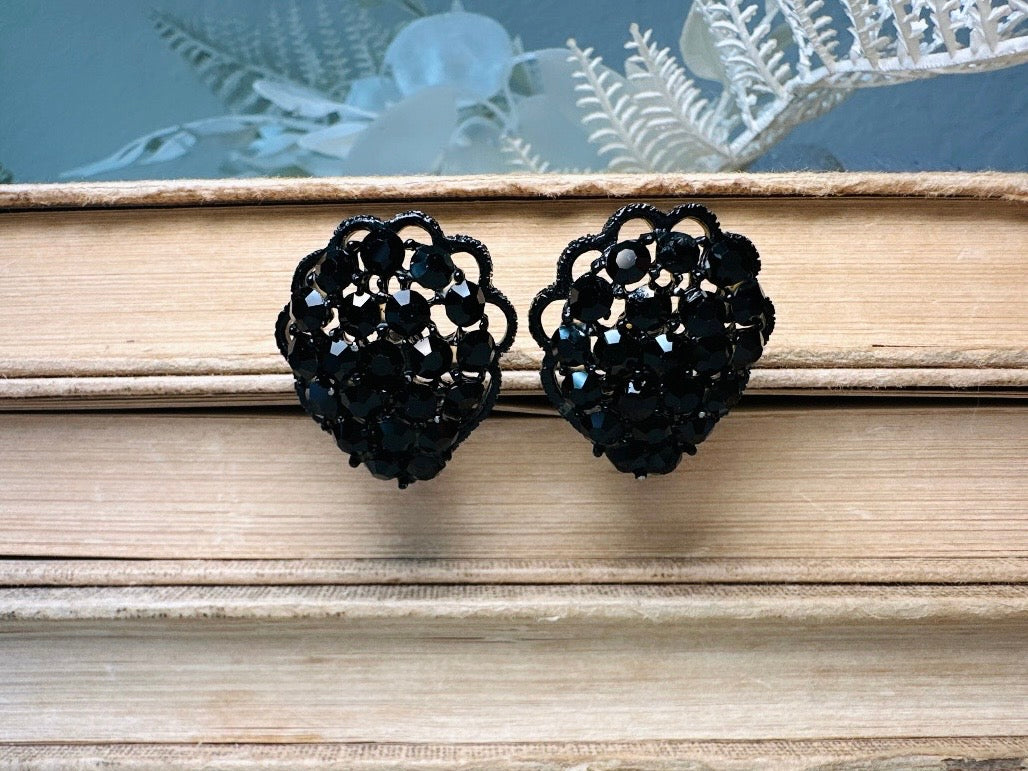All Black 1960's Sparkling Earrings, 60s Signed Designer Weiss Vintage Teardrop Clip On Black Rhinestone on Black Enamel Earrings