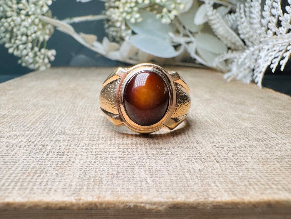 Tigers Eye Ring, Vintage Gold Gemstone Statement Ring, Chunky Unisex 1970s Cocktail Ring