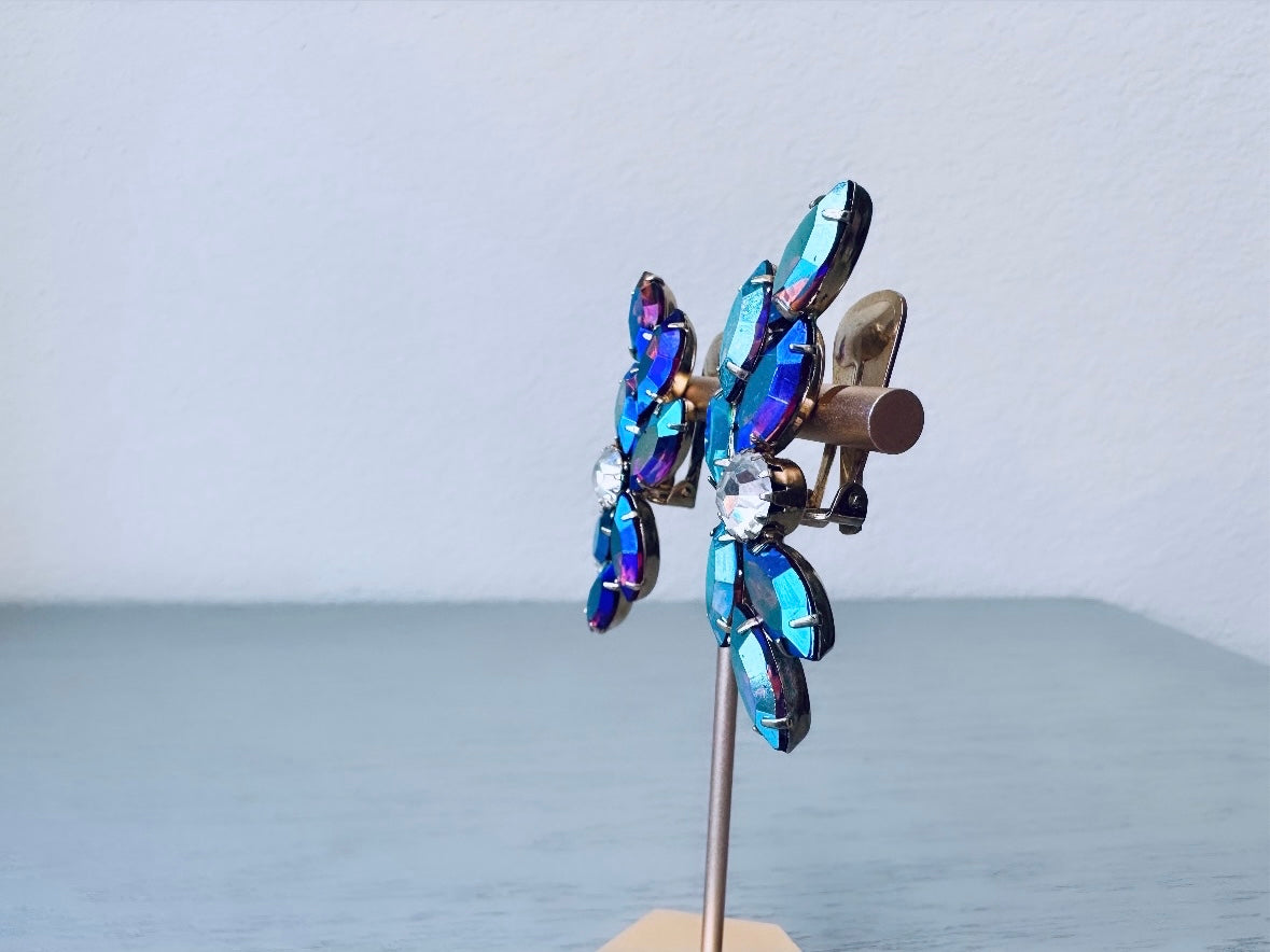 Vintage Rhinestone Earrings, Dramatic Iridescent Blue Purple Statement Clip-on Earrings, Vintage Crawler Earrings, 1960's Cocktail Earrings