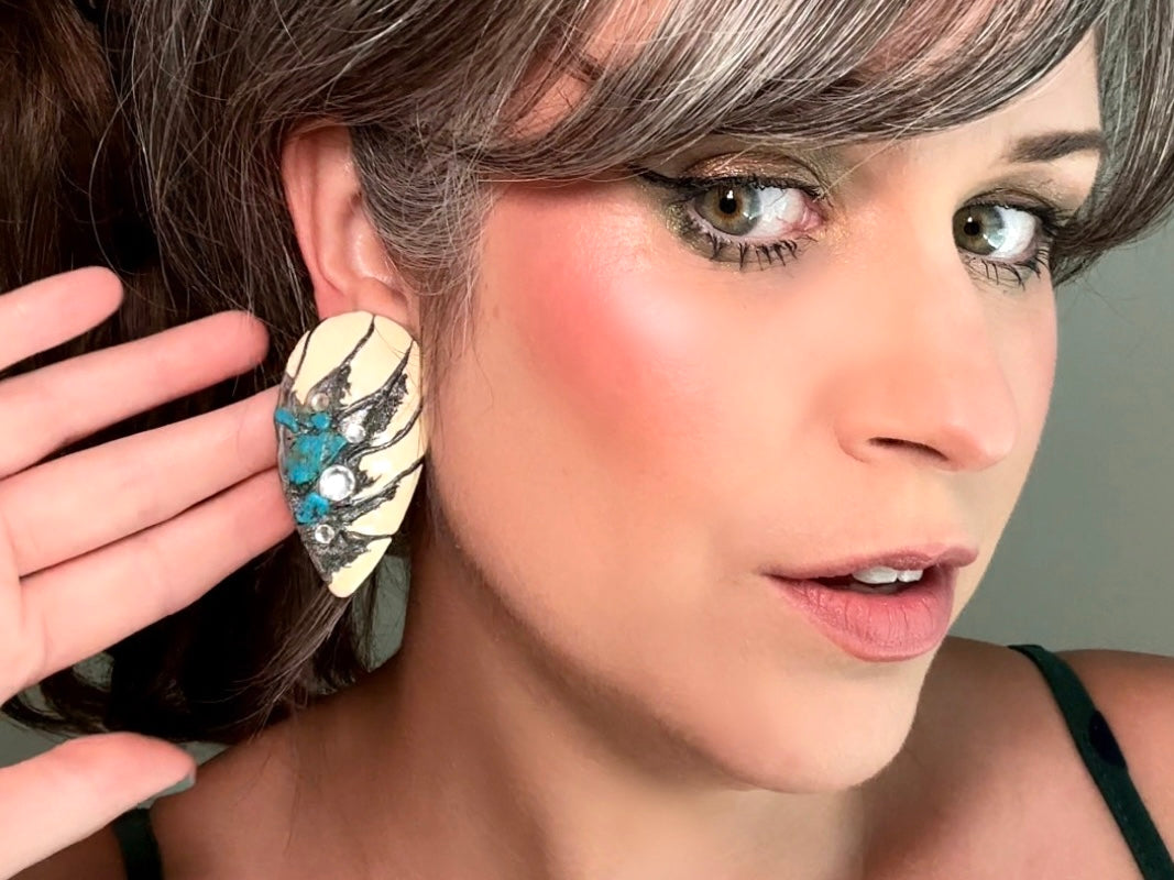 Vintage Statement Earrings, 1980s Cream Enamel + Blue Faux Turquoise Earrings, 80s Dramatic Brutalist Earrings, Signed La Rage Art Earrings