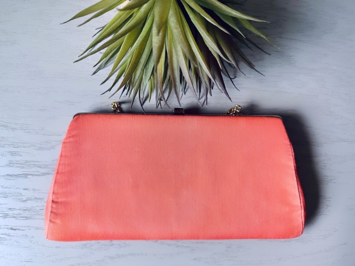 Vintage Coral Pink Clutch, Light Peach Pink Handbag with Gold Hideaway Chain, Vintage Purse, Retro 1960s Clutch, Cute Barbie Fashion