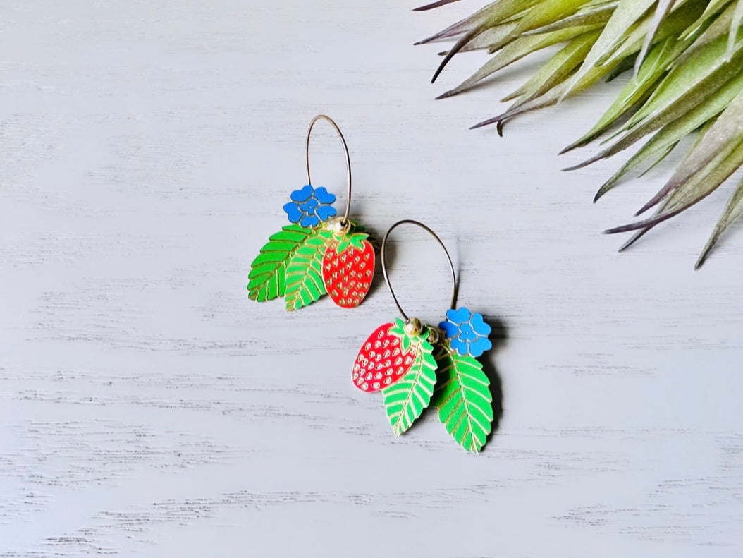 Berebi Strawberry Earrings, Cute Enamel Strawberry Earrings, Fun Fruit Earrings, Pierced Enamel Hoop Earrings, Colorful Retro Designer Hoops