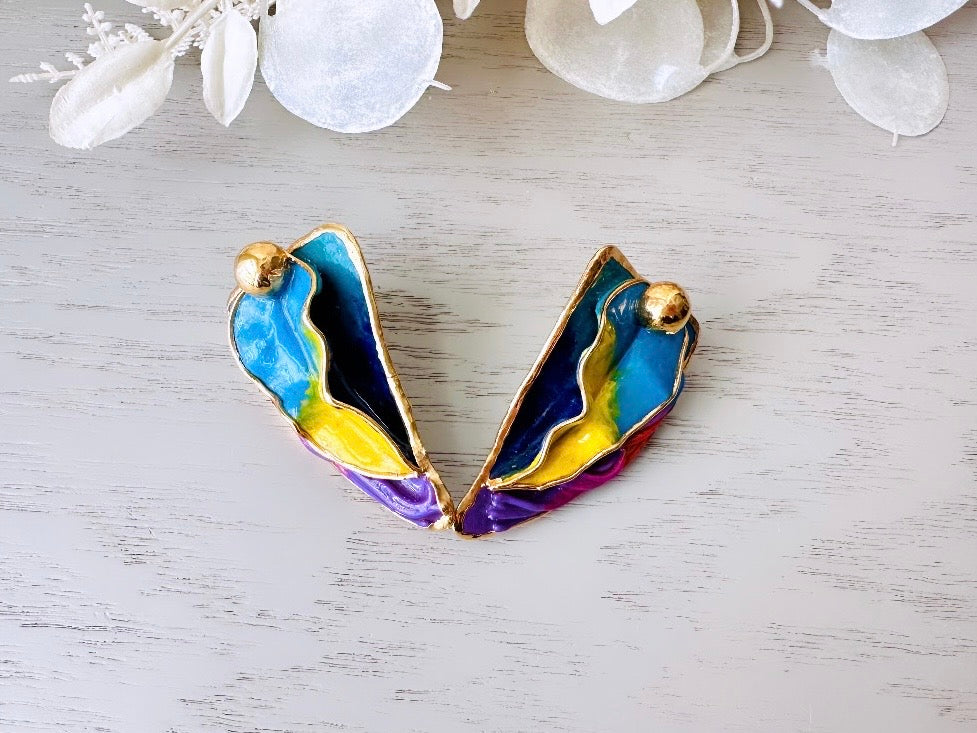 Colorful Designer Amy Lacombe Statement Earrings, Rainbow Hand Sculpted 24K Gold RARE 1980s Collectible Avant Garde Wearable Art Earrings