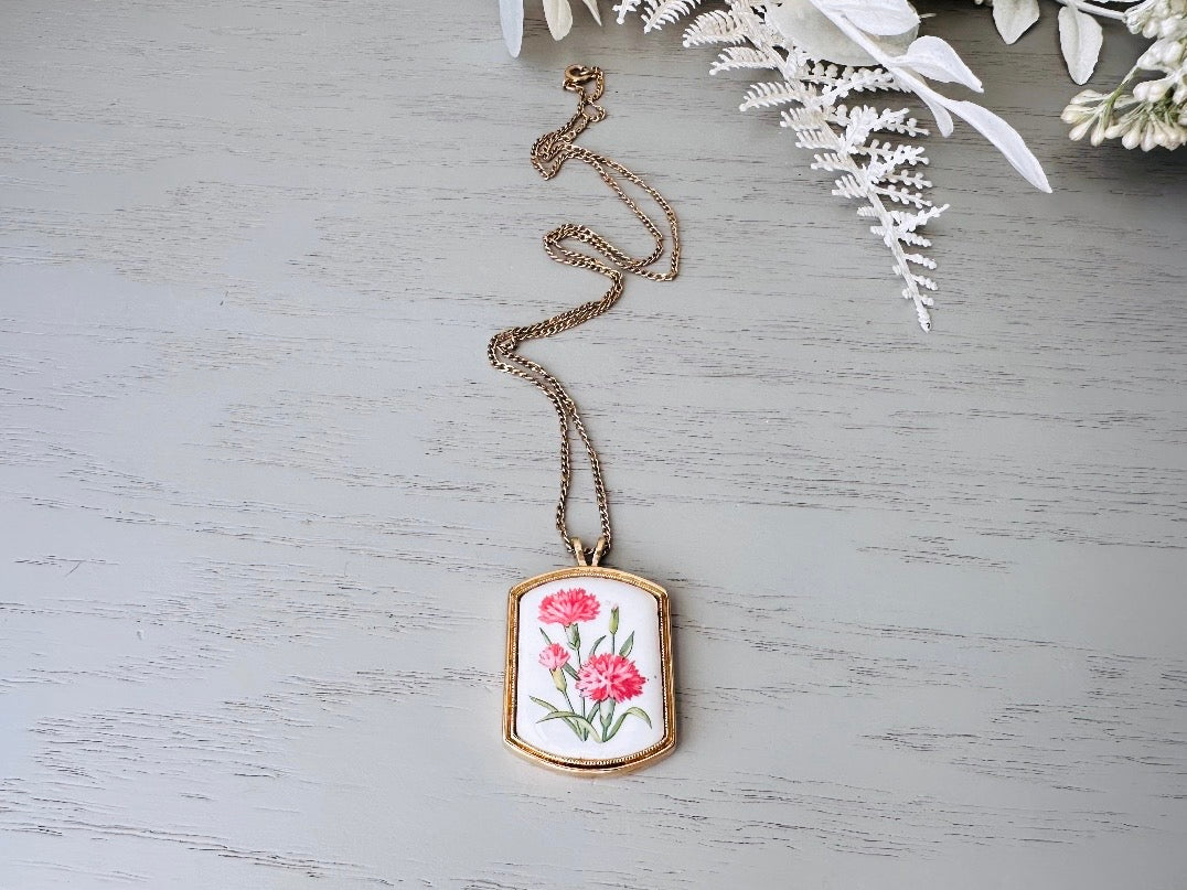 January Birthflower Necklace, Pink Carnation January Birthday Necklace, 1980 Floral Heritage Porcelain & Gold Botanical Flower Pendant