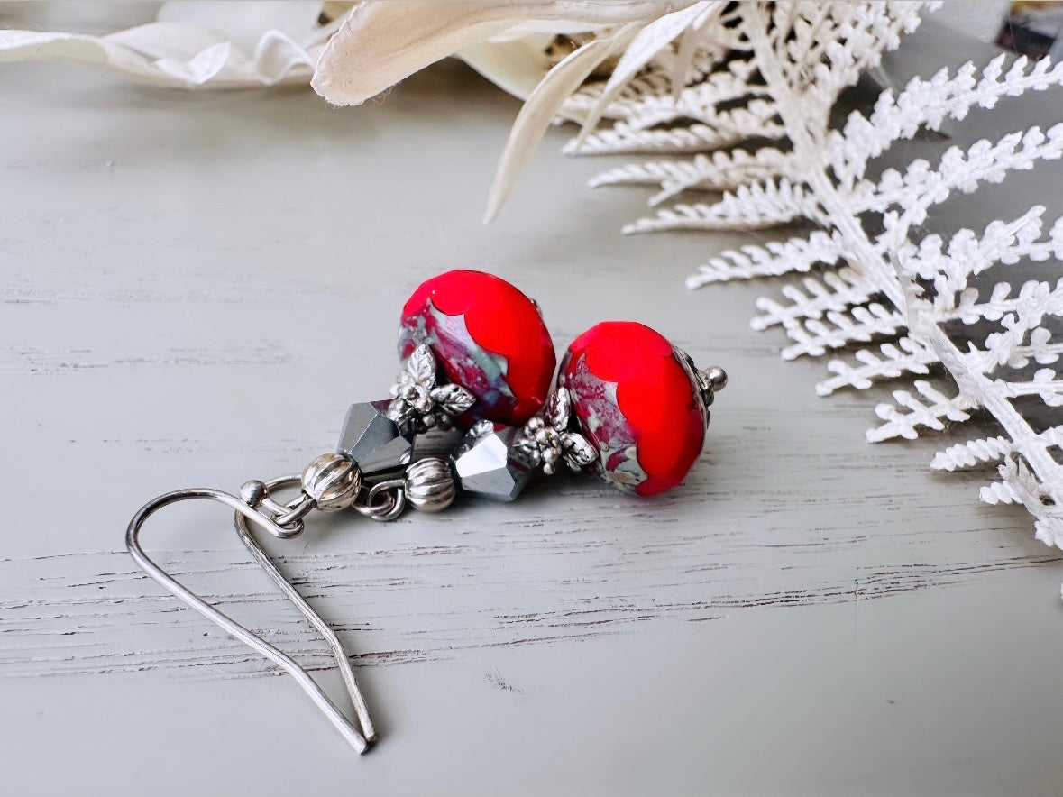 Red Handmade Earrings, Silver and Red Picasso Drop Earrings, Czech Glass Dangle Earring, Unique Red and Grey Jewelry
