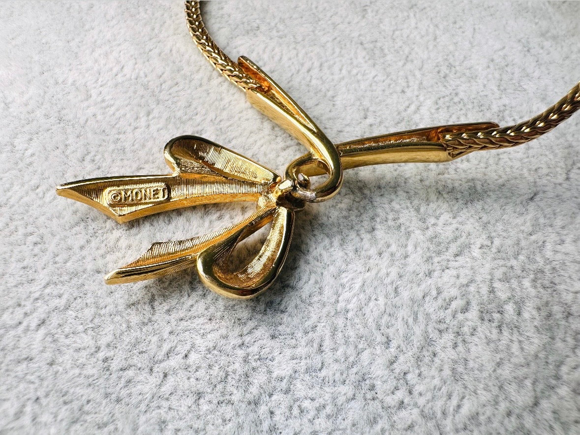 Gold Bow Necklace, Monet Vintage Gold Ribbon Pendant Necklace, Minimalist Wheat Chain Elegant Gold Knot Necklace