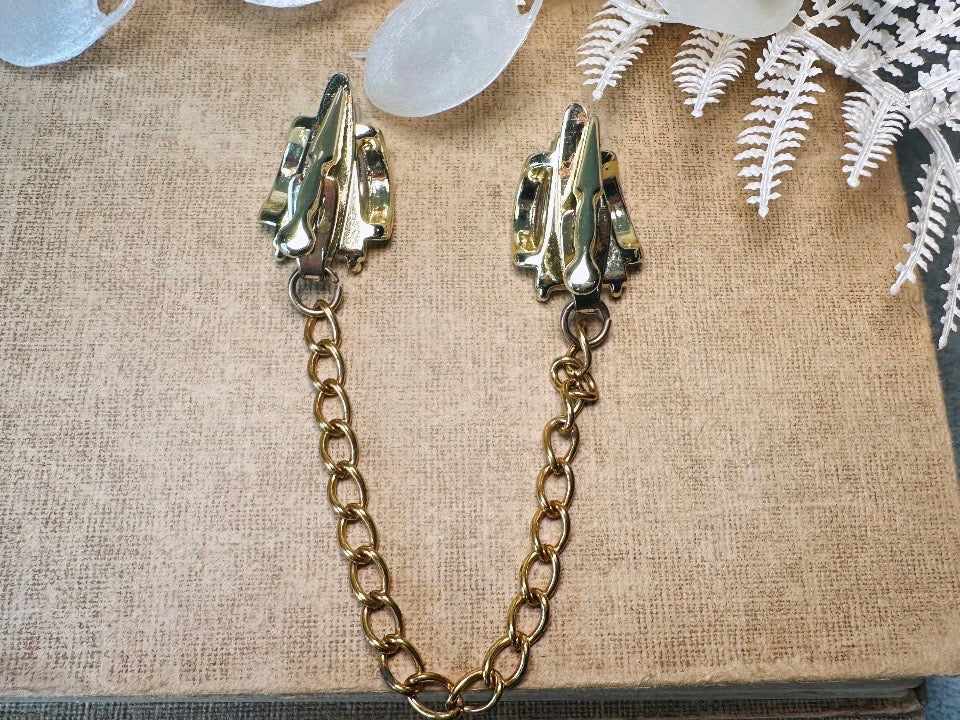 1950s Vintage Sweater Clips, Gold Chain Collar Clips with Moonglow Thermoset Cabochons