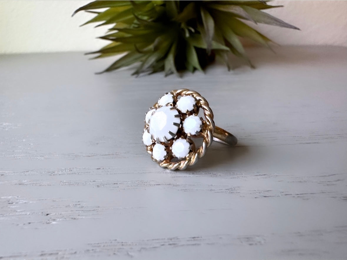 White Milk Glass Ring, Vintage Statement Ring, Vintage White Ring, Gold Tone Cocktail Ring, Chunky Retro Rhinestone Costume Ring