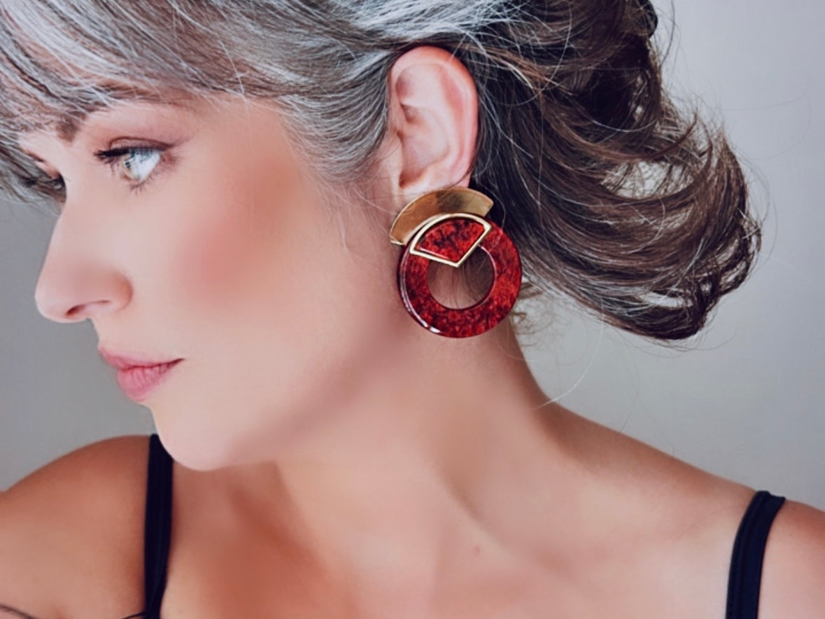 Large 80's Door Knocker Earrings, Vintage Marbled Red, Black + Gold Tone Abstract Acrylic Clip Earrings, 1980s Costume Jewelry