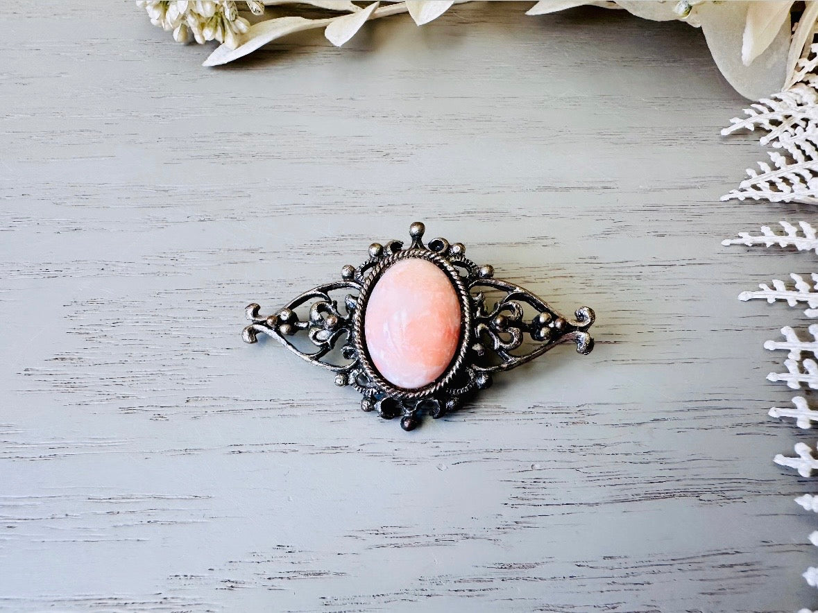 Pink Coral Brooch, Victorian Silver Filigree Pin with Oval Mottled Coral Cabochon, VTG Antique Silver Pin Victorian Revival Accessories