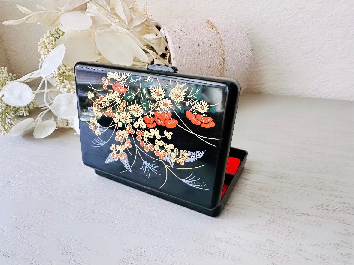 Vintage Jewelry Box, Mini Flower Travel Trinket Box, Black Laquer Plastic Floral Jewelry Box with Red Felt Dividers and Mirror, from 1984