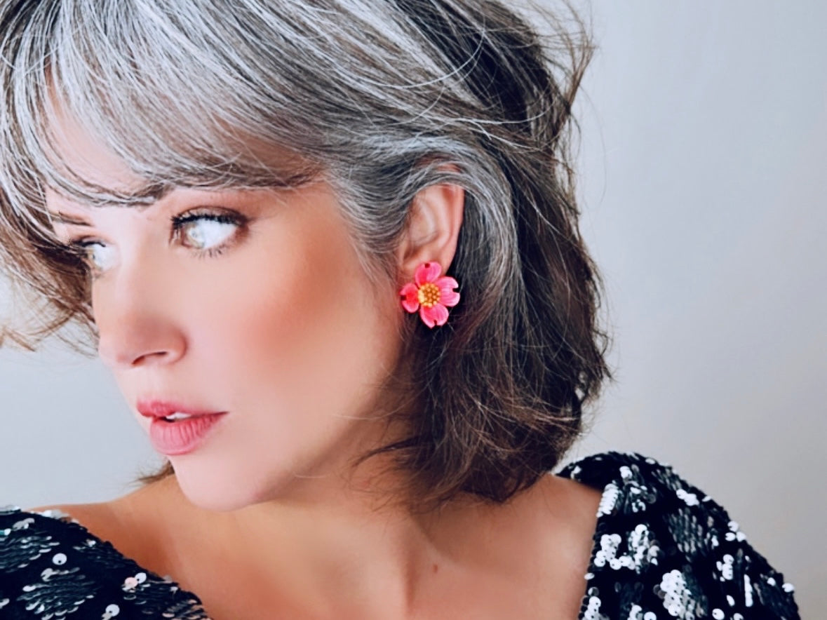 Hot Pink Flower Clip On Earrings, Vibrant Bright Pink Vintage Earrings, Oversized Pretty Flower Earrings, Neon Pink Flower Clip-Ons
