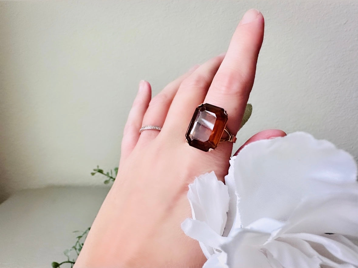 Vintage 70s Ring, Large Solitaire Topaz Rectangle Emerald Cut 1978 Smoky Lustre November Birthstone Cocktail Ring, Chunky Costume Jewelry