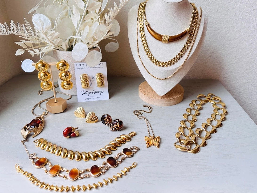 Vintage Gold Necklace with Bronzed Enamel and Rope Accents, Vintage 1970s Omega Necklace, Bronze Collar Necklace with Crescent Curved Bib